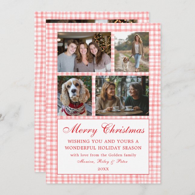 Chic Gingham Christmas Custom 9 Photo Collage red Holiday Card (Front/Back)
