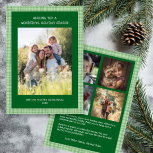 Chic Gingham Christmas Green Custom 5 Photo Holiday Card