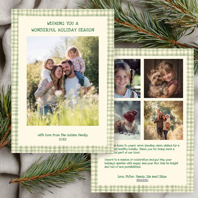 Chic Gingham Christmas Green Custom 5 Photo  Holiday Card (Chic Gingham Christmas Green Custom 5 Photo Family Collage ELegant Modern Holiday Card
)