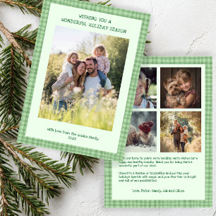 Chic Gingham Christmas Green Custom 5 Photo Holiday Card
