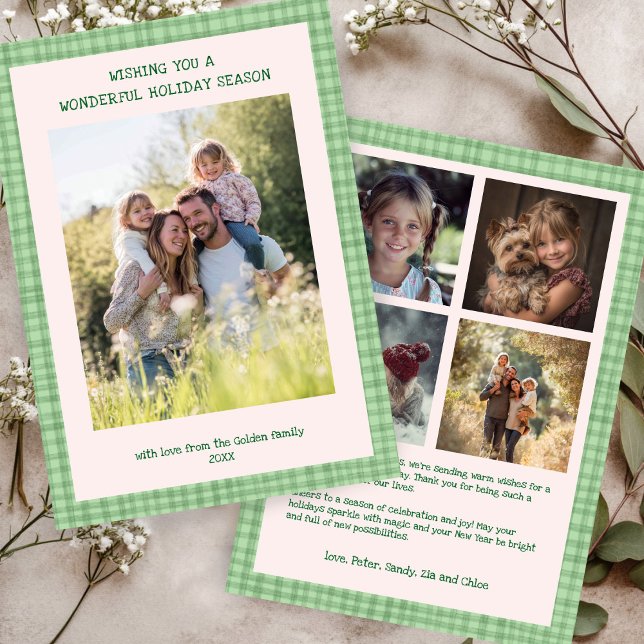 Chic Gingham Christmas Pink Green Custom 5 Photo  Holiday Card (Chic Gingham Christmas Pink Green Custom 5 Photo Holiday Card
)