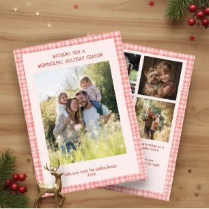 Chic Gingham Christmas Pink Red Custom 5 Photo  Holiday Card