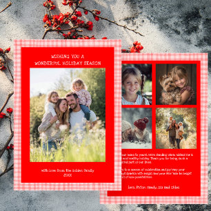 Chic Gingham Christmas Pink Red Custom 5 Photo Holiday Card