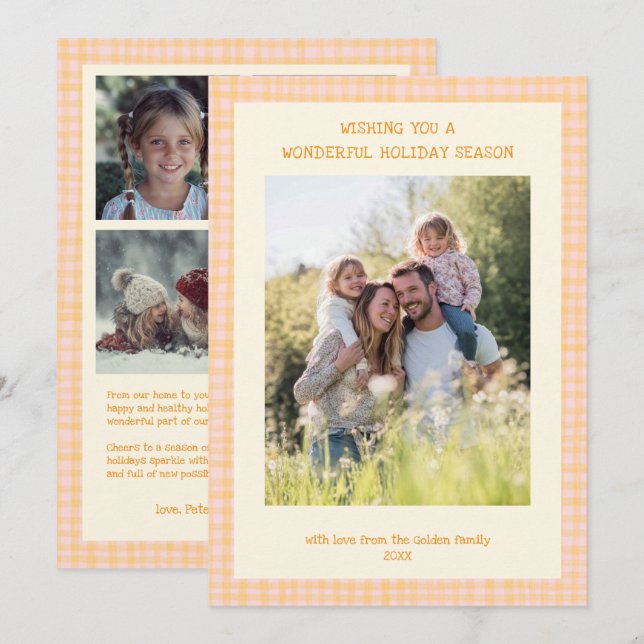 Chic Gingham Christmas Yellow Pink Custom 5 Photo  Holiday Card (Front/Back)
