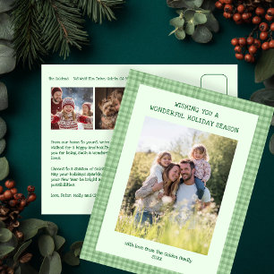 Chic Gingham Green Christmas Custom 3 Photo  Holiday Postcard