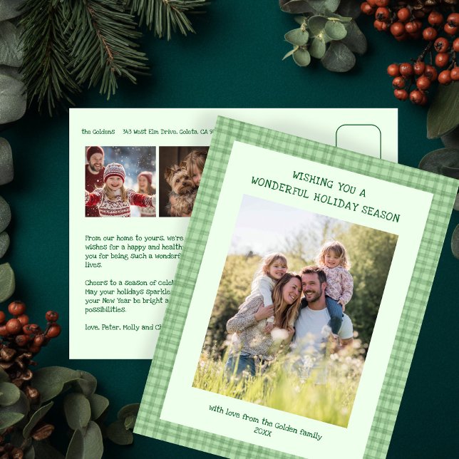 Chic Gingham Green Christmas Custom 3 Photo  Holiday Postcard (Chic Gingham Green Christmas Custom 3 Photo Holiday Postcard
)