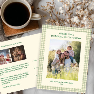 Chic Gingham Green Christmas Custom 3 Photo Holiday Postcard