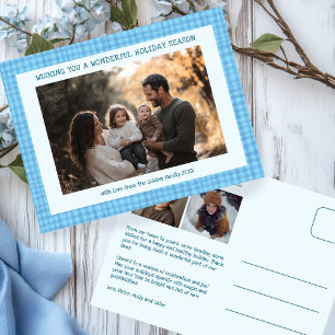 Chic Gingham Hanukkah Christmas Custom 3 Photo Holiday Postcard