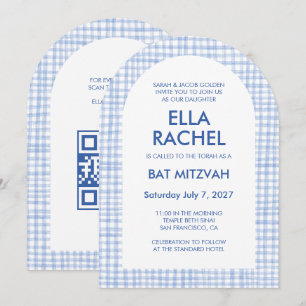 Chic Gingham Modern Custom QR Bat Bar Mitzvah Arch Invitation