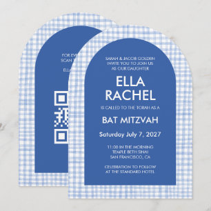 Chic Gingham Modern Custom QR Bat Bar Mitzvah Arch Invitation