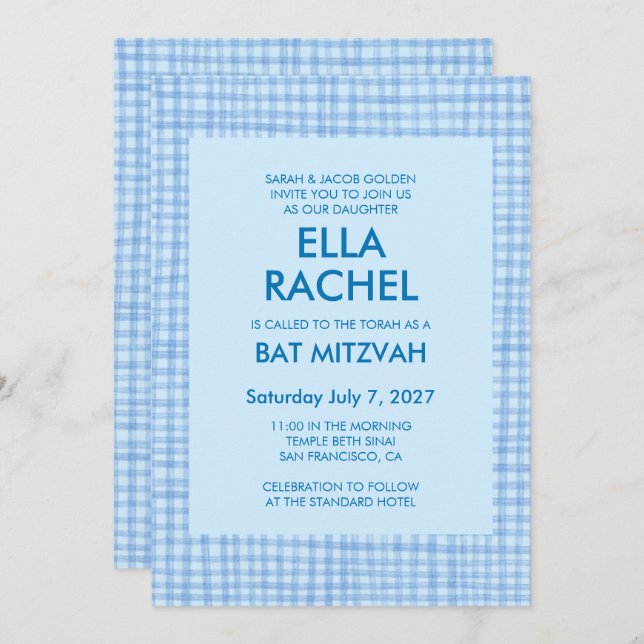 Chic Gingham Modern Custom QR CODE Bat Bar Mitzvah Invitation (Front/Back)