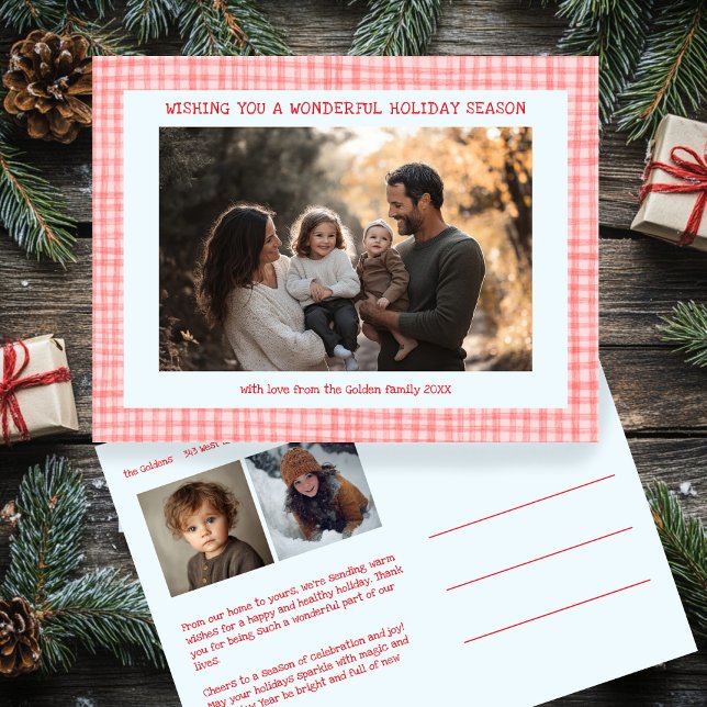Chic Gingham Pink Blue Christmas Custom 3 Photo  Holiday Postcard (Chic Gingham Pink Blue Red Christmas Custom 3 Photo Holiday Postcard
)