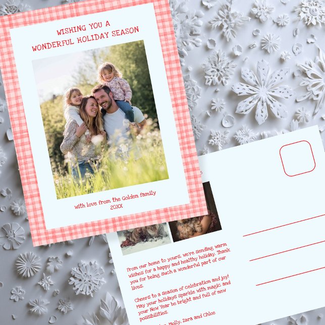 Chic Gingham Pink Blue Christmas Custom 3 Photo  Holiday Postcard (Chic Gingham Pink Blue Christmas Custom 3 Family Photo Holiday Postcard
)