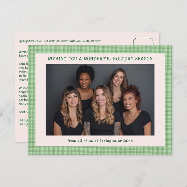 Chic Gingham Pink Green Christmas Custom Business  Holiday Postcard (Front/Back)