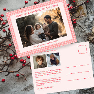 Chic Gingham Pink Red Christmas Custom 3 Photo  Holiday Postcard