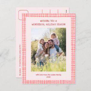 Chic Gingham Pink Red Christmas Custom 3 Photo  Holiday Postcard