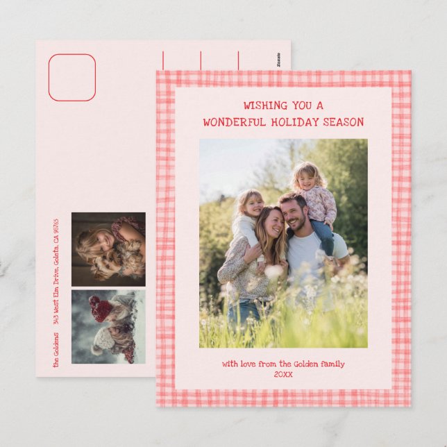 Chic Gingham Pink Red Christmas Custom 3 Photo  Holiday Postcard (Front/Back)