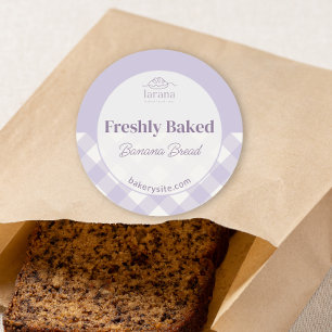 Chic Gingham Purple Bakery Logo Product Name Classic Round Sticker
