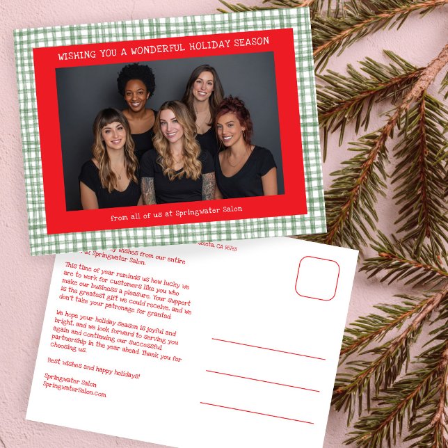 Chic Gingham Red Green Christmas Custom Business  Holiday Postcard (Chic Gingham Red Green Christmas Custom Photo Business Corporate Office Holiday Postcard
)