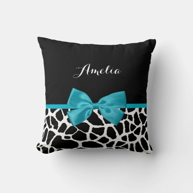 Chic Giraffe Print Aqua Blue Ribbon Bow With Name Cushion (Front)