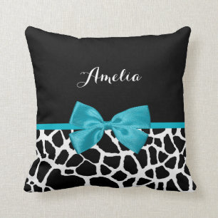 Chic Giraffe Print Aqua Blue Ribbon Bow With Name Cushion