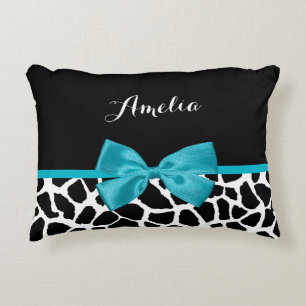 Chic Giraffe Print Aqua Blue Ribbon Bow With Name Decorative Cushion