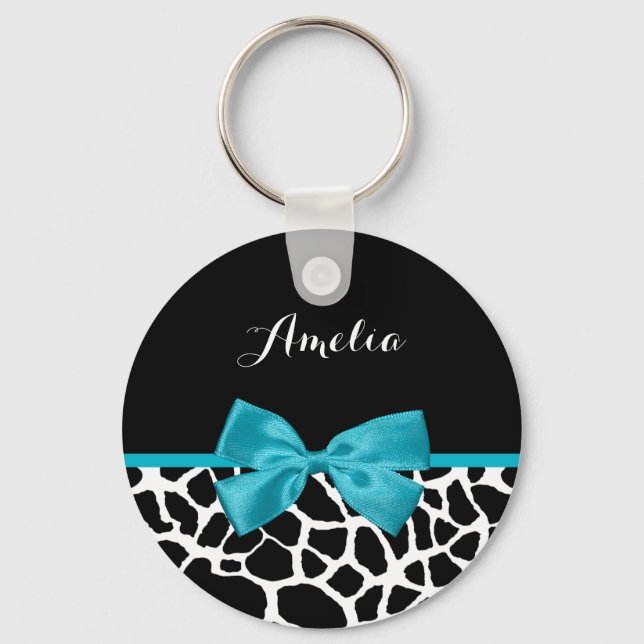 Chic Giraffe Print Aqua Blue Ribbon Bow With Name Key Ring (Front)