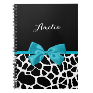 Chic Giraffe Print Aqua Blue Ribbon Bow With Name Notebook