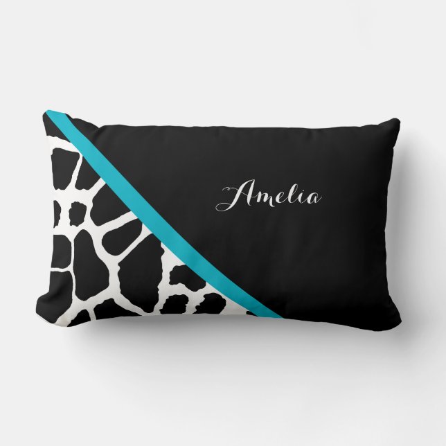 Chic Giraffe Print Aqua Blue Stripe With Name Lumbar Cushion (Front)