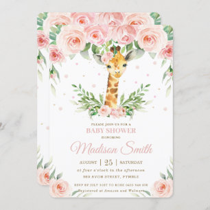 Chic Giraffe Safari Pink Blush Floral Baby Shower  Invitation