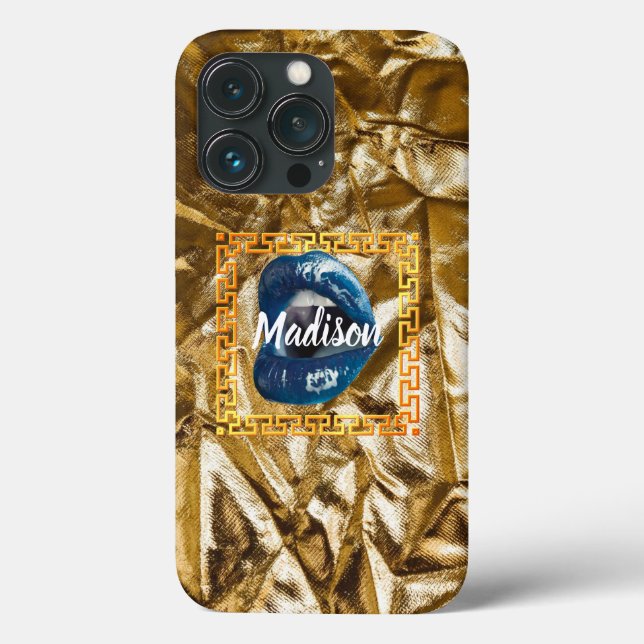 Chic Girl blue Gold Lips Beauty Personalised Case-Mate iPhone Case (Back)