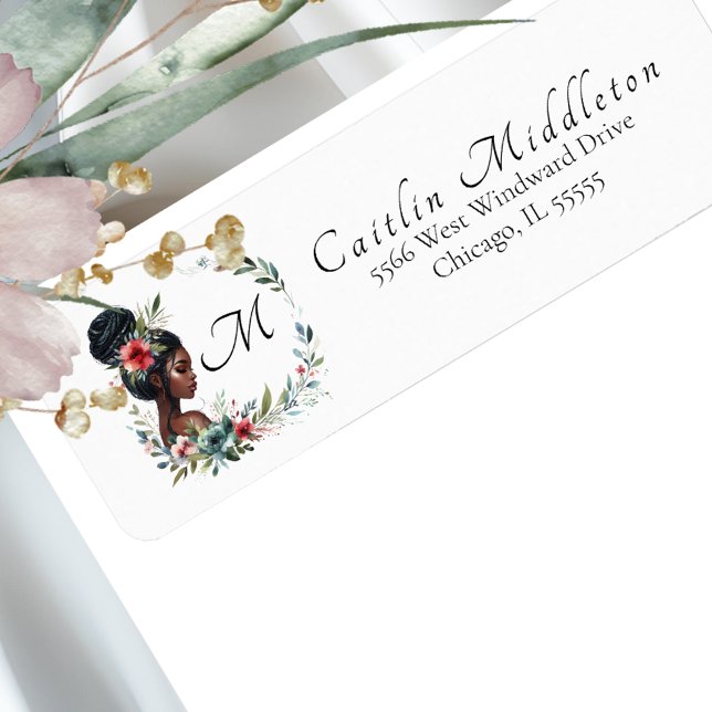 Chic Girl & Floral Wreath Monogram Return Address  Label (Creator Uploaded)
