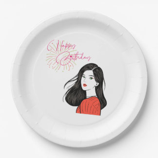 Chic Girl Illustration Happy Birthday Party Paper Plate