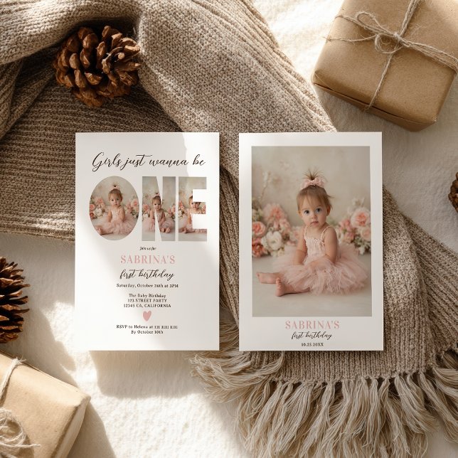 Chic Girls Just wanna be One Photo First Birthday Invitation (Chic Girls Just wanna be One Photo First Birthday Invitation)