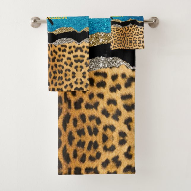 Chic girly animal print turquoise glitter monogram bath towel set (Insitu)