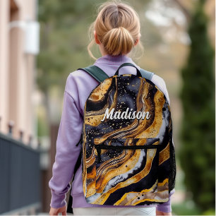 Chic girly black gold marble art  printed backpack