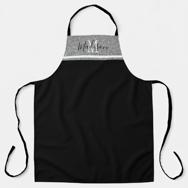 Chic Girly Black Silver Glitter Monogram Name Apron (Front)
