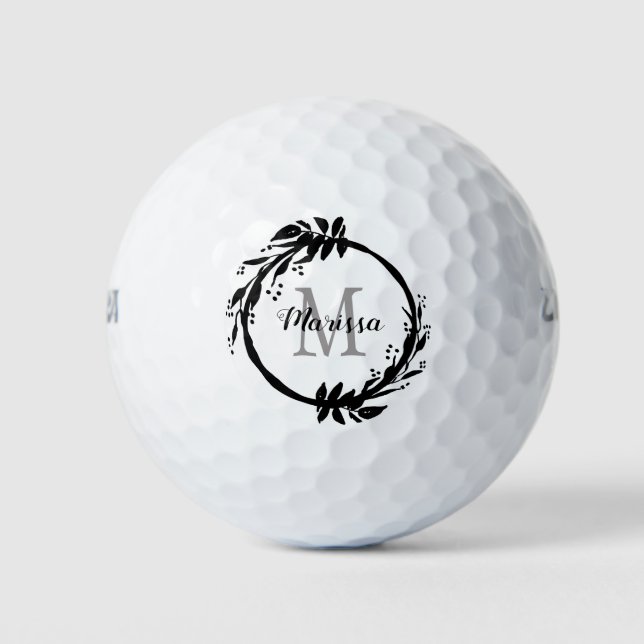 Chic Girly Black & White Monogram Name Wreath Golf Balls (Front)