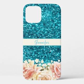  Chic Girly Blue Glitter Floral Name Design   iPhone 12 Case