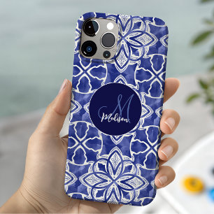 Chic Girly Blue Grey Geometric Monogram Case-Mate iPhone 14 Case