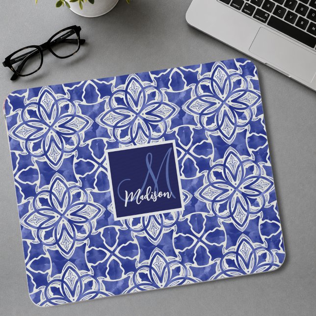 Chic Girly Blue Grey Initial Monogram Mouse Pad (Creator Uploaded)