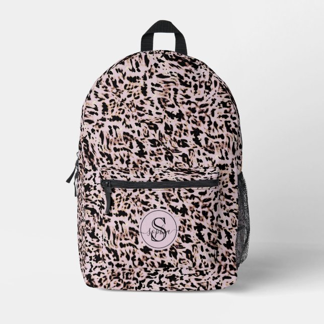 Chic Girly Blush Pink Black Gold Leopard Print Printed Backpack (Front)