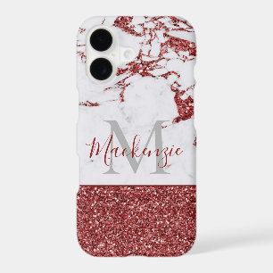Chic Girly Burgundy Pink Glitter Marble Monogram