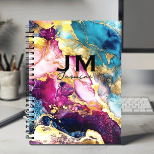 Chic girly colourful marble faux glitter monogram notebook
