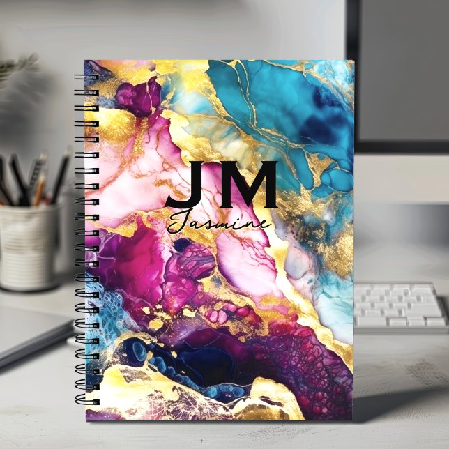 Chic girly colourful marble faux glitter monogram notebook (Creator Uploaded)