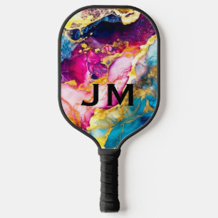 Chic girly colourful marble faux glitter monogram pickleball paddle
