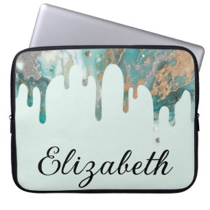 Chic girly drip glitter name teal silver gold laptop sleeve
