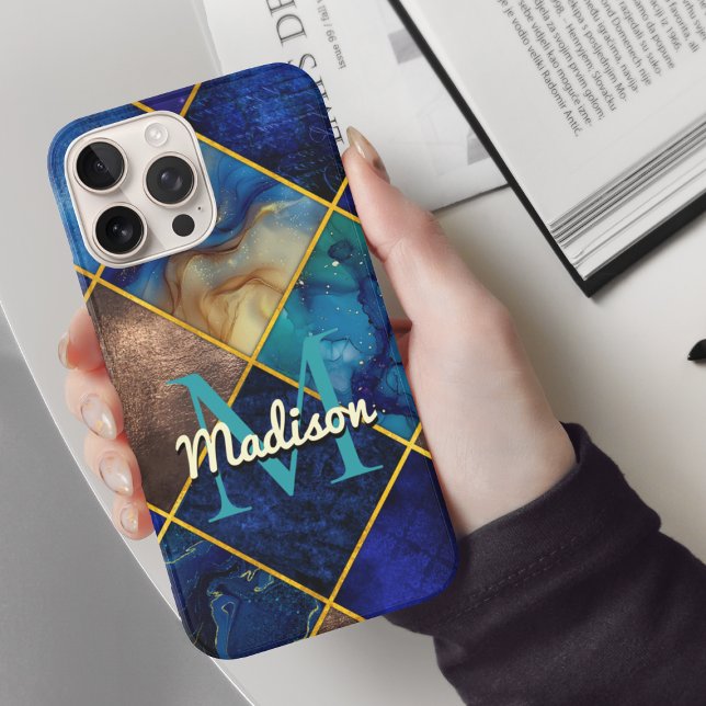 Chic girly faux Glitter gold blue geometric Case-Mate iPhone Case (Creator Uploaded)