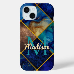 Chic girly faux Glitter gold blue geometric iPhone 15 Case
