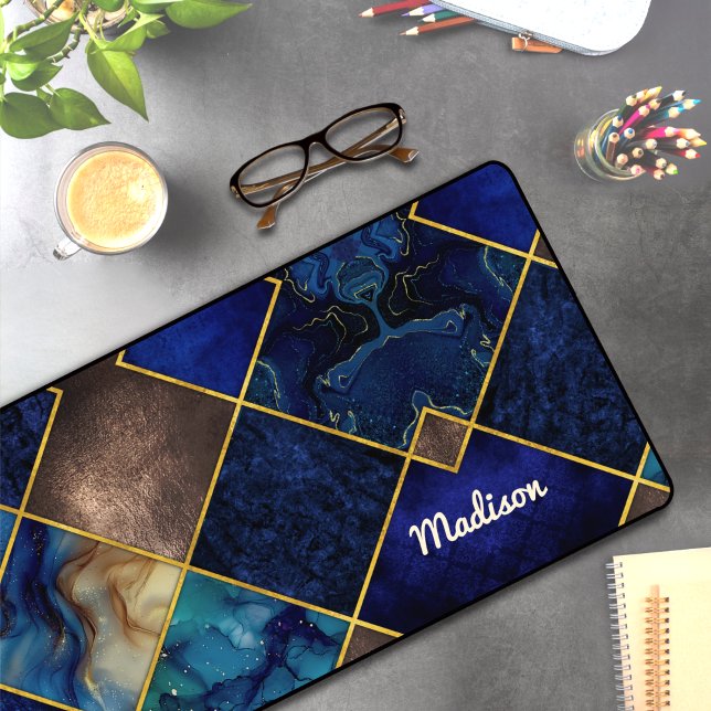 Chic girly faux Glitter gold blue geometric Desk Mat (Creator Uploaded)